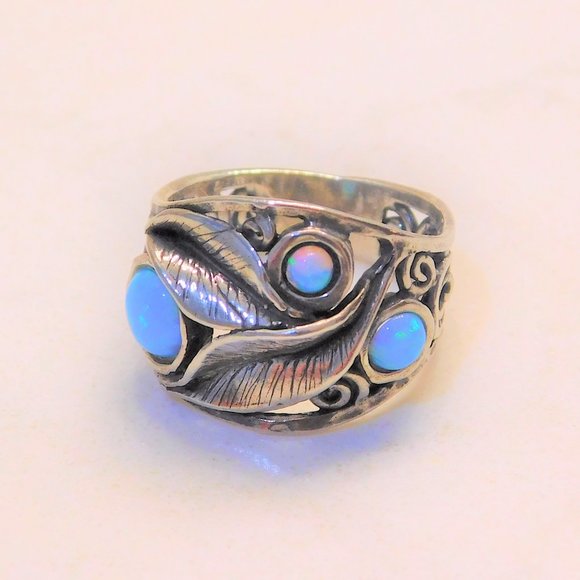 925 Unique Sliver Leaf Scroll Australian Opal Ring - Picture 6 of 10